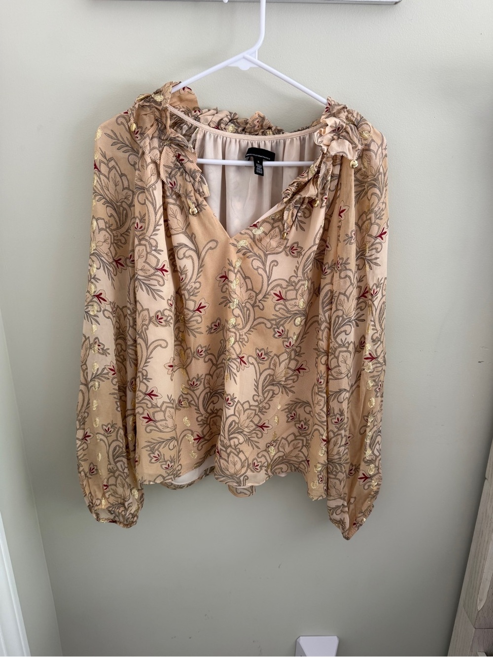 WHBM Soft Neutral Gold Thread Romantic Floral Blouse - Loose fit S